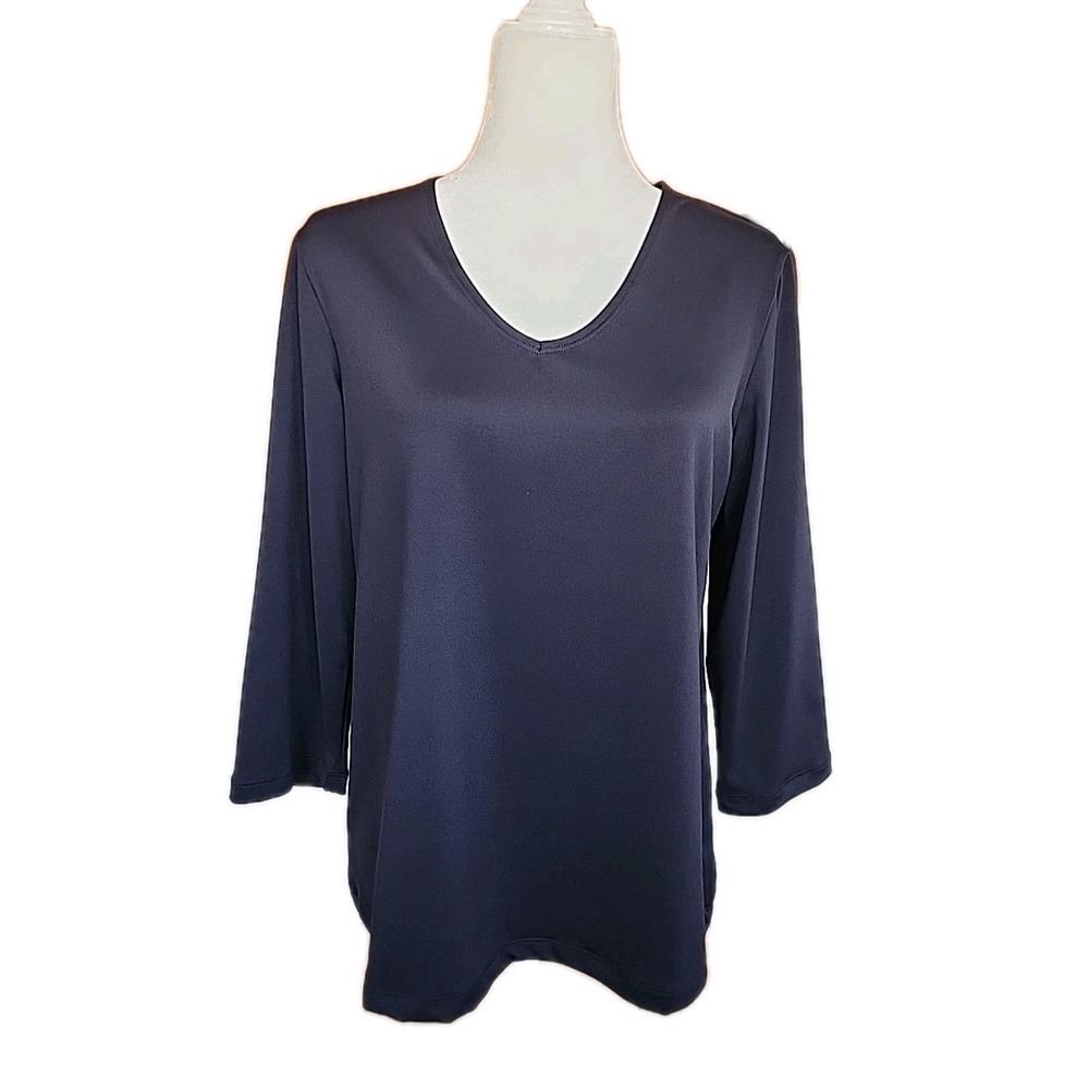 Susan Graver Black Liquid Knit Top‎ M V-Neck 3/4 Sleeve Minimalist Capsule Basic